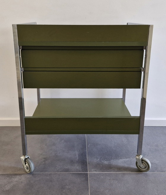 Chariot Vintage (Hôpital), Vert Olive, 2 Tiroirs – Ultrason, Dessertes, Chrome, Metal (photo 8 of 13)
