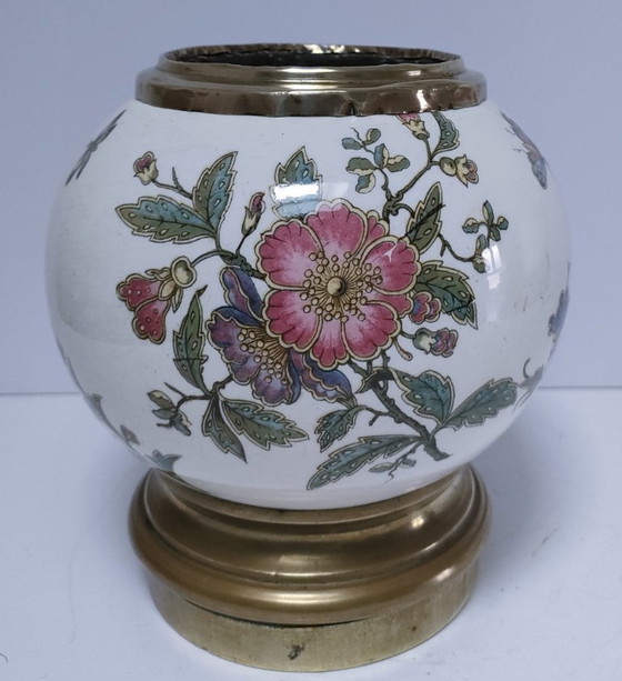 Image 1 of Earthenware and brass ball vase with flowers and insects, early 20th century