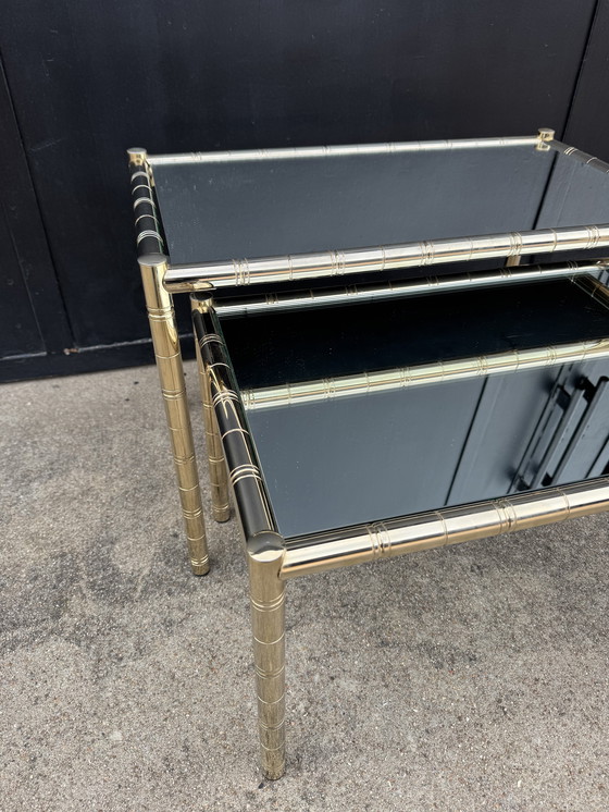 Image 1 of Nesting tables in gold-tone metal, bamboo, and mirror, 1970s style