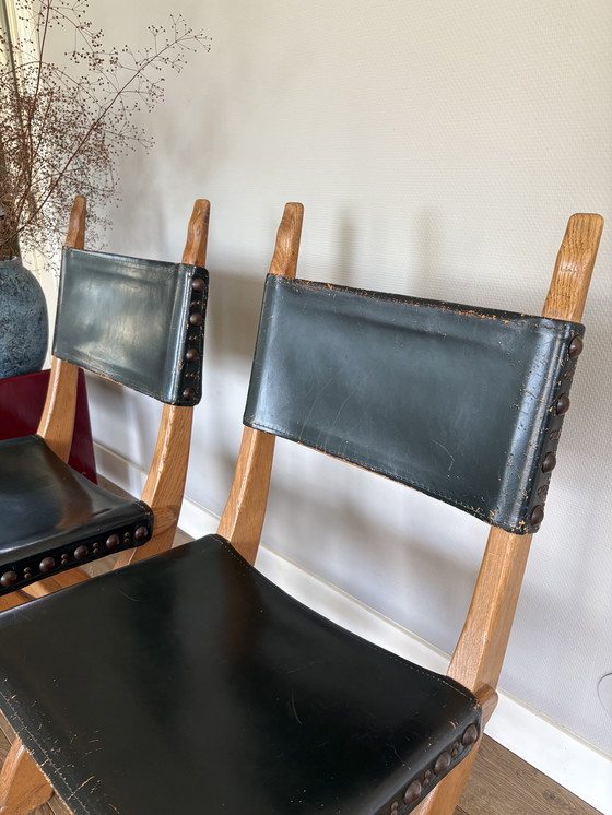 Image 1 of Vintage set of Bram Sprij chairs oak & leather brutalist style