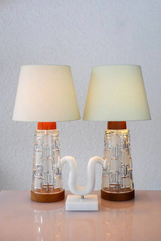 Image 1 of Mid-century modern Scandinavian teak and glass table lamps, set of 2