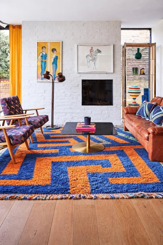 Image 1 of Blue and Orange Moroccan rug, Authentic Moroccan rug, Berber carpet, Genuine Wool rug, Handmade rug, Beni ourain style 300X200cm