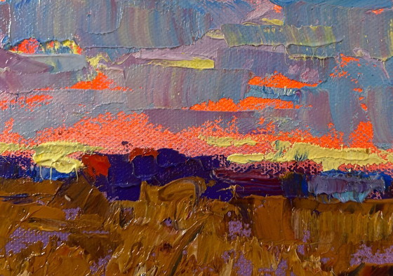 Image 1 of Original Oil Painting Autumn Sunset Landscape Evening on the River