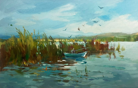 Image 1 of Peinture à l'huile originale représentant un paysage côtier fluvial, avec des pêcheurs parmi les roseaux.