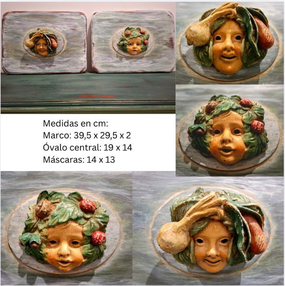 Image 1 of Coppia di maschere italiane di Bacco, in terracotta toscana policroma – Dipinti decorativi vintage