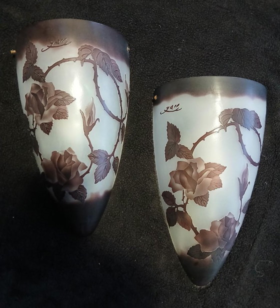 Image 1 of Art Nouveau Gallé pâte de verre wandkandelaars