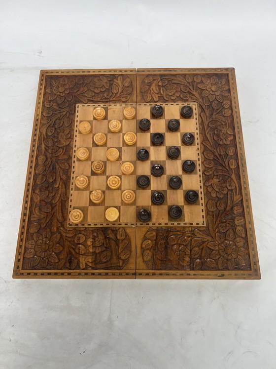 Antique Handmade Chessboard – Decoration, Wood, Brass (photo 3 of 10)