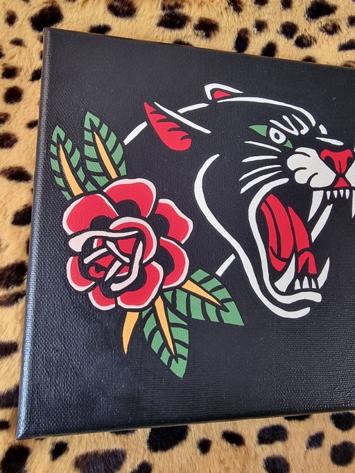 Hand-painted modern artwork 20x20 cm traditional tattoo style rose