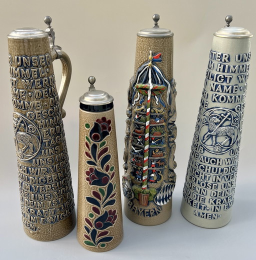 4x Original Vintage Stoneware Beer Steins with Pewter Lids – König / GERZ – Germany, 1970s–1980s