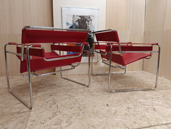 Image 1 of KNOLL Studio Set van 2 WASSILY B3 fauteuils (NIEUW) in rood leer