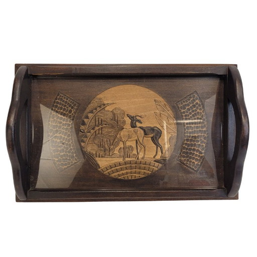Bandeja tallada antílopes, madera, Art Déco, p. s. XX - Francia