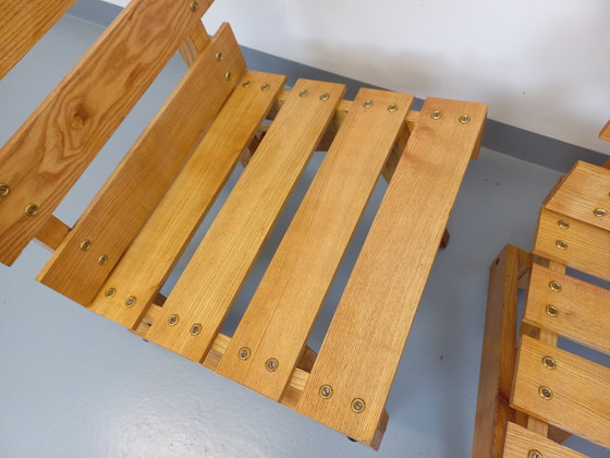 Image 1 of Pair of Vintage 60's Wooden Brutalist Slatted Chauffeured Armchairs