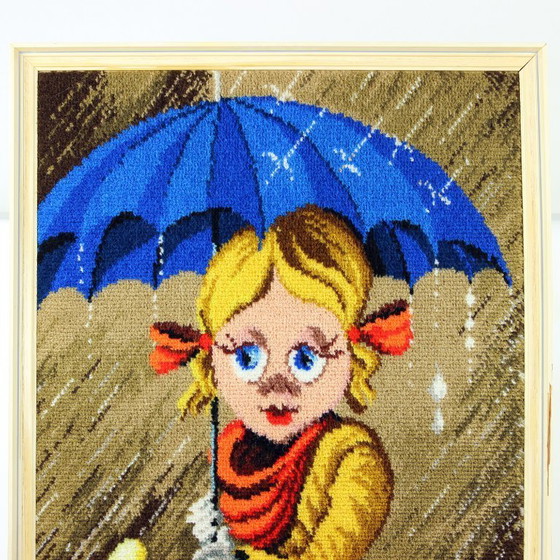 Image 1 of Large Vintage Tapestry Of Cartoon Girl In Frame, Czechoslovakia 1970s