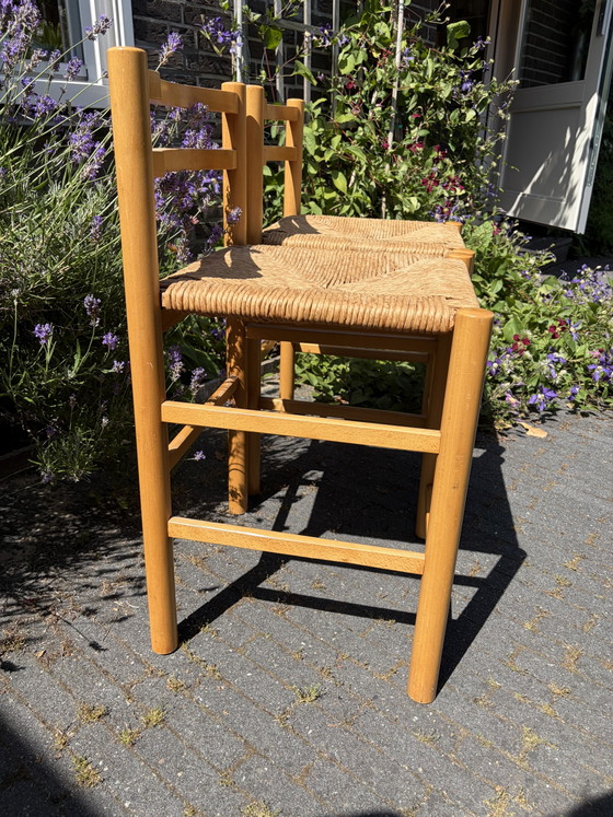 Image 1 of Ensemble de 2 tabourets de bar vintage des années 50 avec assises en jonc