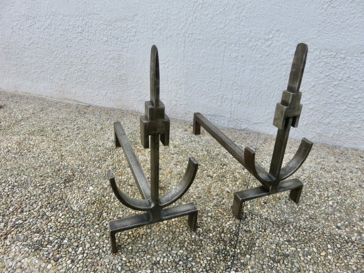 Paire de Chenets Modernistes en Acier Forgé et Martelé, France, 1950