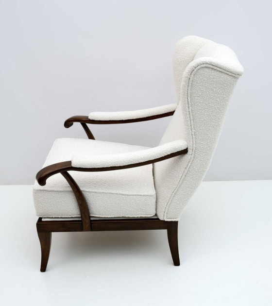Image 1 of Paolo Buffa Mid-Century Modern Italian Walnut and Coating Boucle Armchair, 1950s