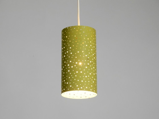 Image 1 of Beautiful mid-century pendant lamp in perforated metal, mustard yellow, by Ernest Igl for Hillebrand