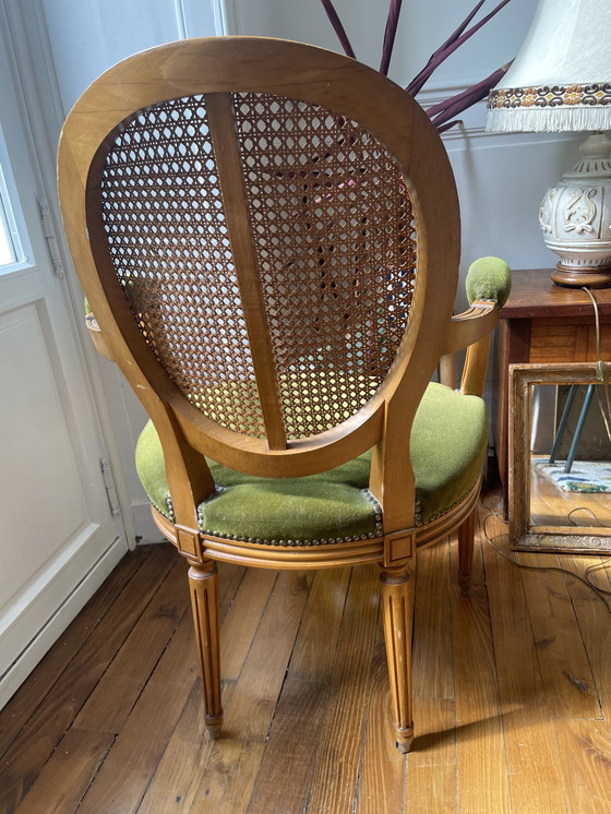 Image 1 of Fauteuil Louis XVI en velours et rotin