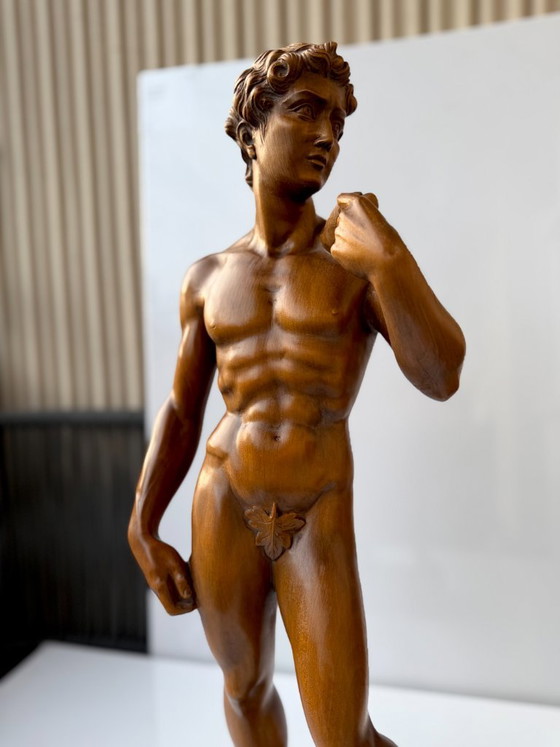 Michelangelo David Sculture in Legno Intagliate a Mano 65 cm Statua Vintage Foglia di Fico (photo 7 of 23)
