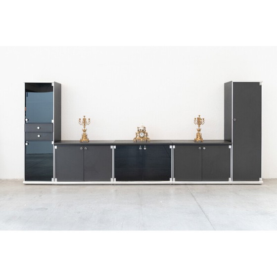 Image 1 of Vintage sideboard in leather, chromed aluminum, wood and smoked tempered glass, 1970