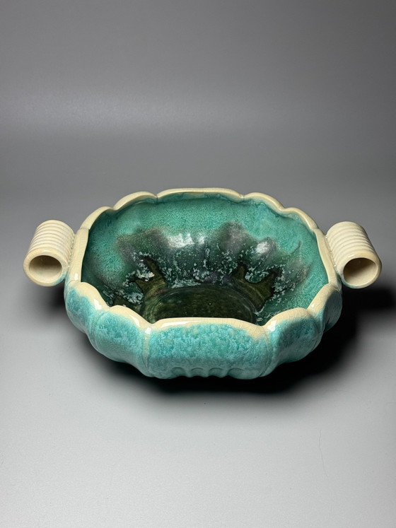 Faïenceries de Thulin, Art Deco Turquoise Ceramic Centrepiece with Drip Glaze, Belgium, circa 1930s (photo 3 of 13)
