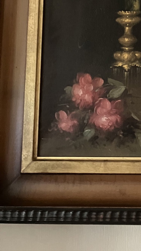 Image 1 of Groot Klassiek Stilleven R. Hunther - Gouden Vazen & Bloemen - Luxe Lijst