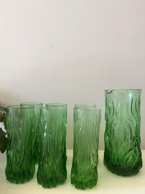 Vintage Italian Bark Glass Set of 6 Long Drink Glasses and Carafe – Glass & Decanter, Crystal (photo 4 of 5)