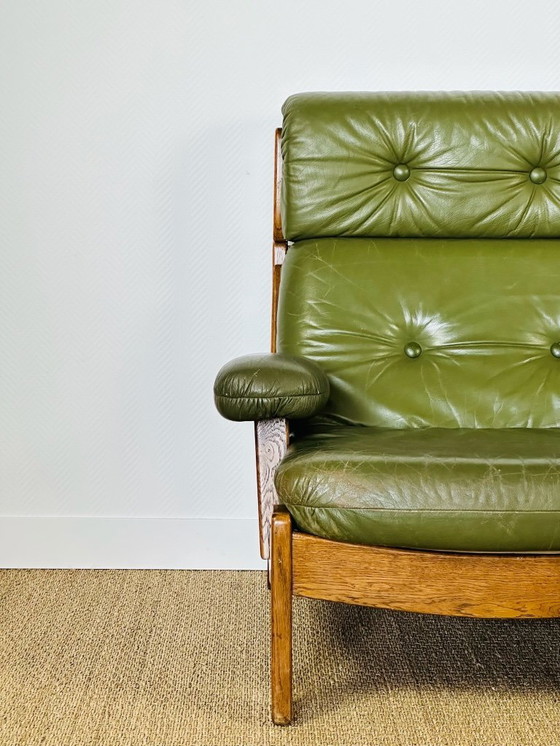 Image 1 of Scandinavian sofa in green leather and oak, 1960, Set of 3