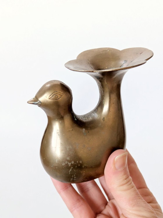 Image 1 of 1960s Midcentury Style Brass Bird Candleholder or Bud Vase, Modern Rustic Accent