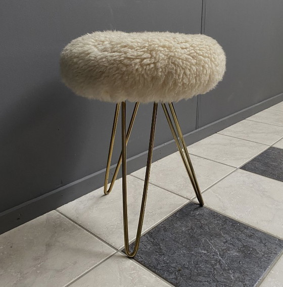 Image 1 of wool top brass small stool 1960s Sheep skin top