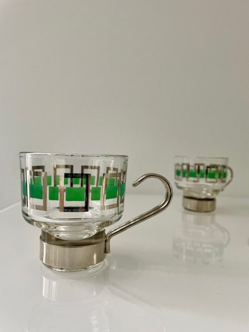 6x Italian espresso cups – glass & chrome, 1960s
