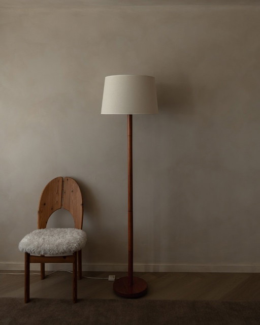 Lampada da terra vintage in teak con paralume in tessuto | Lampada da terra in stile scandinavo moderno | Anni '60-'70