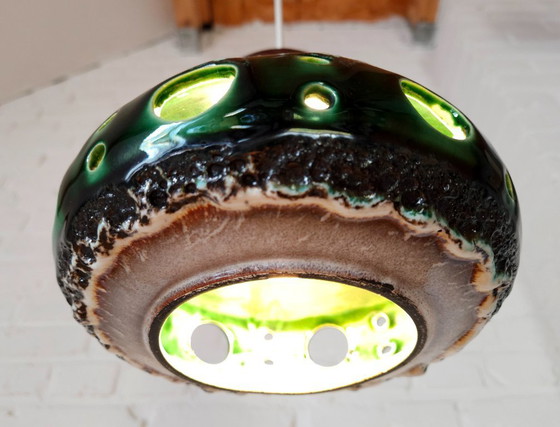 Image 1 of Keramieken aardewerken vintage hanglamp van Herda, west germany fat lava stijl, keramische retro, groene hanglamp