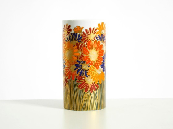 Image 1 of Beautiful 1980s porcelain vase by Rosemonde Nairac for Rosenthal Studio-Linie, featuring colorful daisies