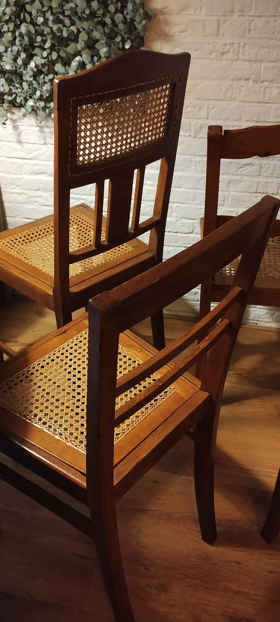 4 vintage eetkamerstoelen met webbing, Hout, Bruin (foto 5 van 13)