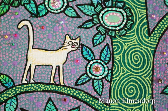 Image 1 of Original Hand-Painted Small Painting White Cats in a Tree