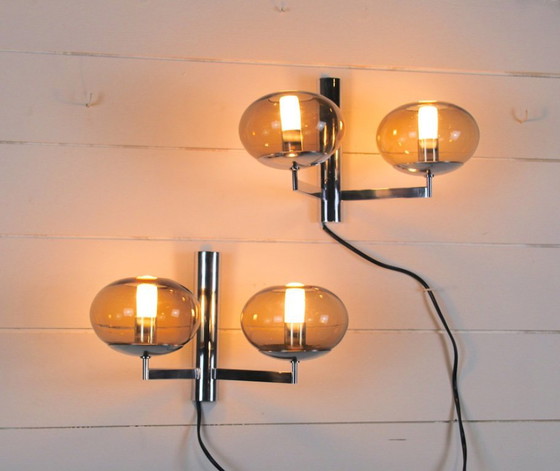 Image 1 of Sciolari Wandleuchten aus Rauchglas und Chrom – Italien, 1970er Jahre