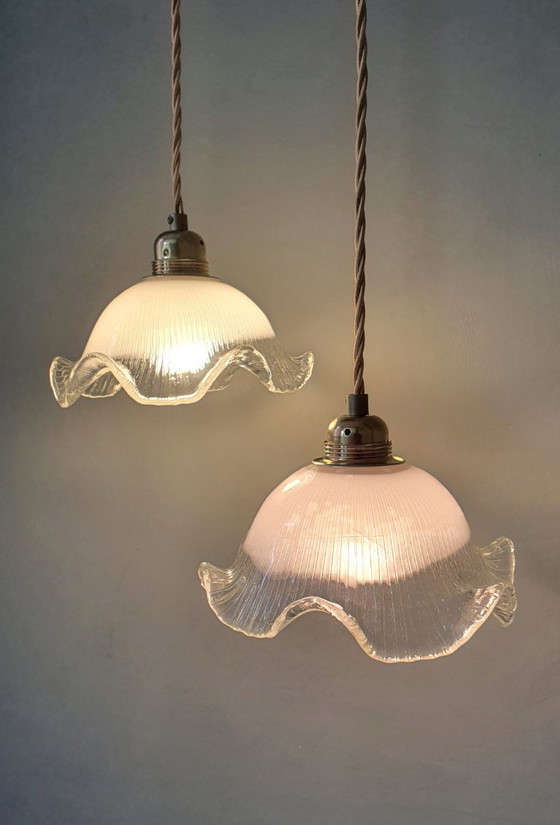 Set di 2 lampade a sospensione vintage in vetro bianco satinato, forma floreale, texture – Metal (photo 16 of 23)