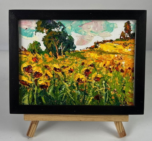 Peinture à l'huile originale, paysage naturel, tournesols d'été dans un champ