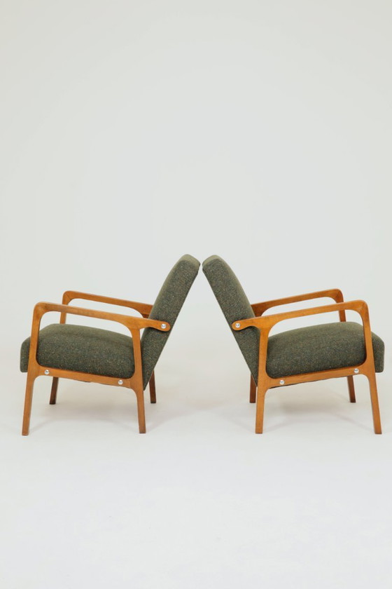 Image 1 of Vintage Pair Armchair Avocado Green Tweed Upholstery, 1960, Poland