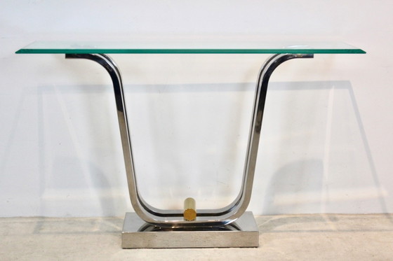 Console Minimaliste Courbée en Acier Inoxydable, Laiton et Verre, Doré (photo 12 sur 12)