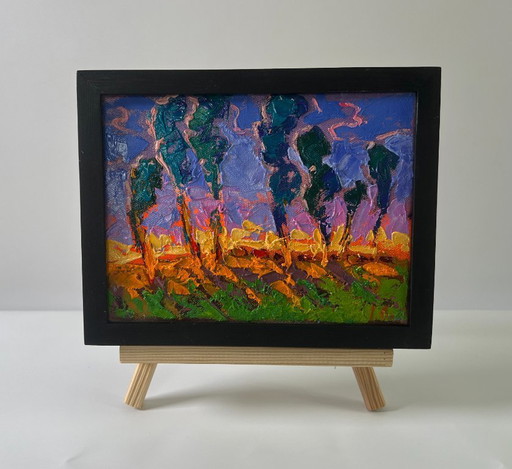 Original Oil Painting Summer Nature Landscape Distant Night