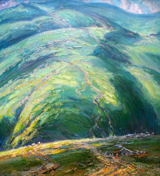 Original Oil Painting Landscape Nature Valley High In The Mountains – schilderijen tekeningen, Canvas