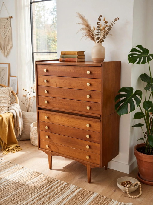 Vintage Teak Tallboy - 8 Drawers - 2-Piece Danish Design - Original Hardware - 1960s – ladekasten, Wood