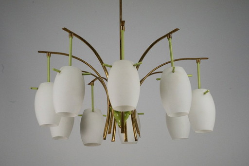 Midcentury 9-Arm Brass Chandelier with Green Lacquer & Opaline Glass. Italy 1950s
