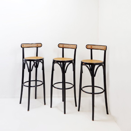 Image 1 of Set of 3 vintage Thonet-style bar stools in bentwood and caning