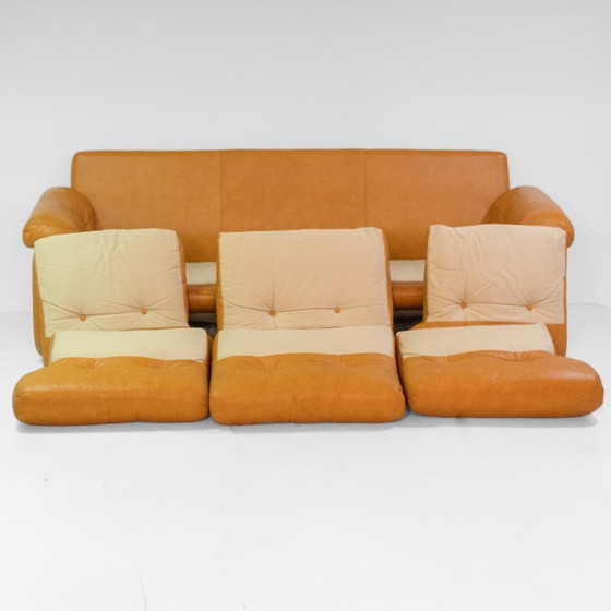 Image 1 of 3x Vintage Coronado Bruine Lederen Woonkamerset Tobia Scarpa Label C&B Italia