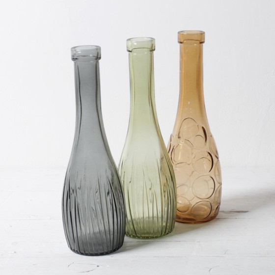 Image 1 of Set of 3 Grey, Green and Amber Glass Vases / Colored Bottles or Flower Vases / Ikea / 2000s