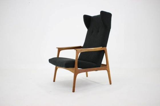 Image 1 of 1960s Mid-Century Czechoslovakian Oak Wingback Armchair in Black Bouclé