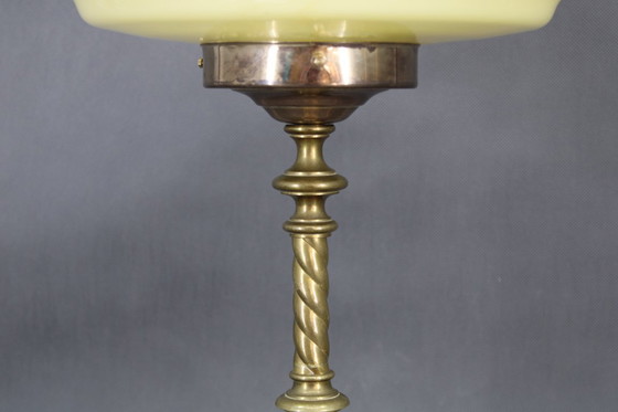 Image 1 of    	 1940s Restored Brass Table Lamp with Wooden Base and Glass Shade